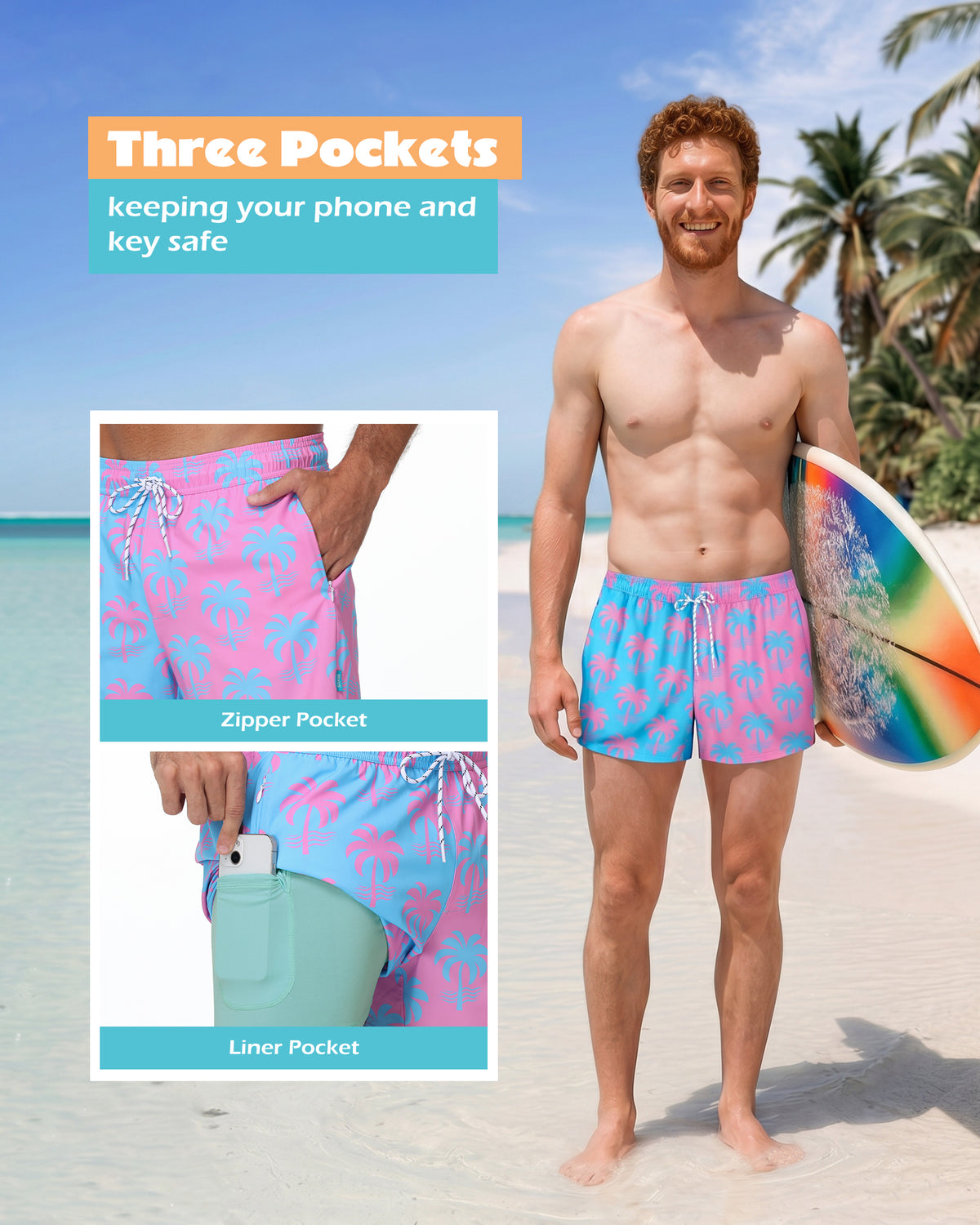 Sixfish Men's Swim Trunks Quick Dry Bored Shorts with 4" Compression Liner