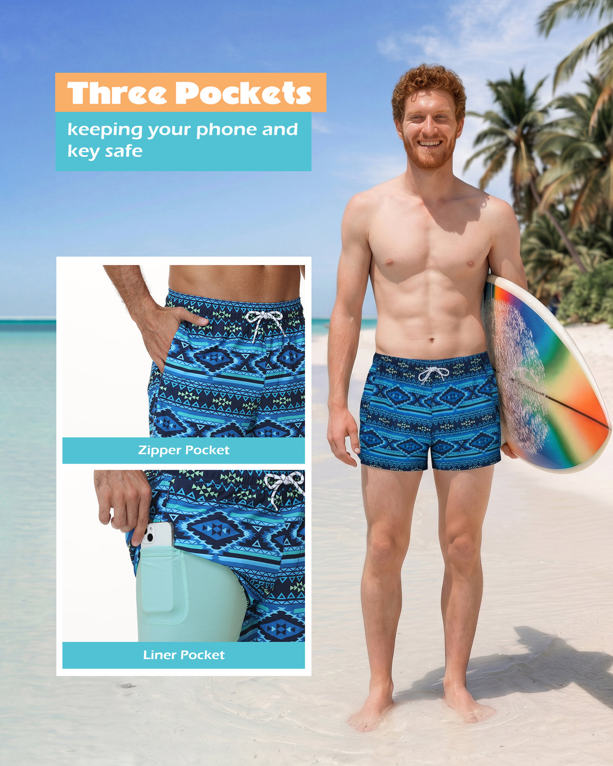 Sixfish Men's Swim Trunks Quick Dry Bored Shorts with 4" Compression Liner