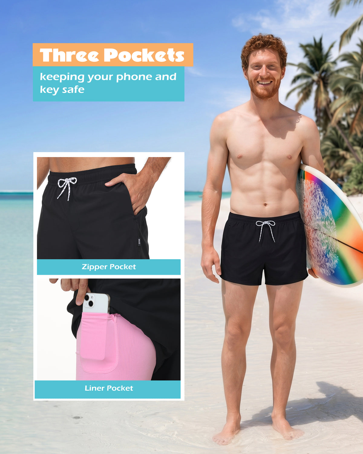Sixfish Men's Swim Trunks Quick Dry Bored Shorts with 4" Compression Liner