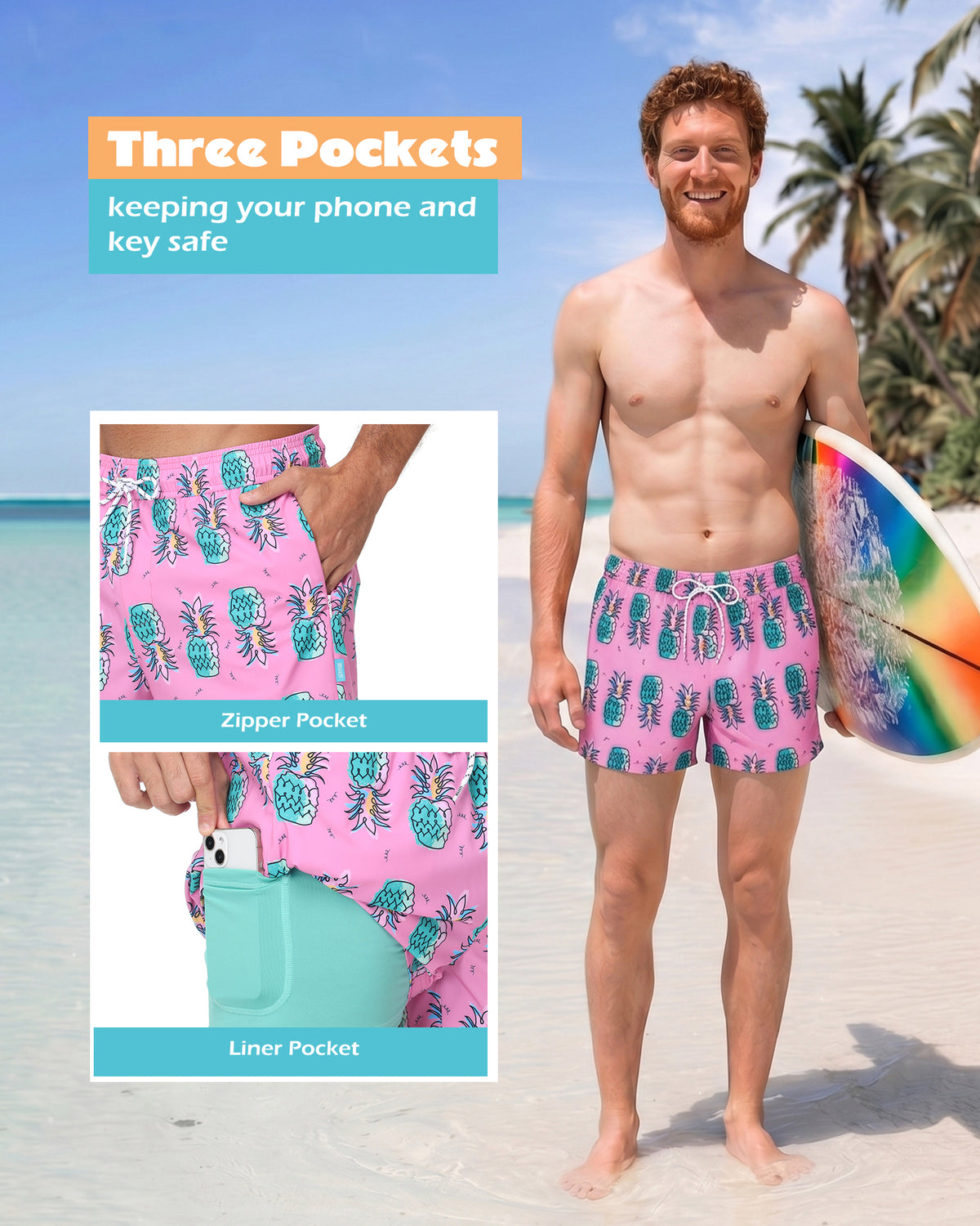Sixfish Men's Swim Trunks Quick Dry Bored Shorts with 4" Compression Liner