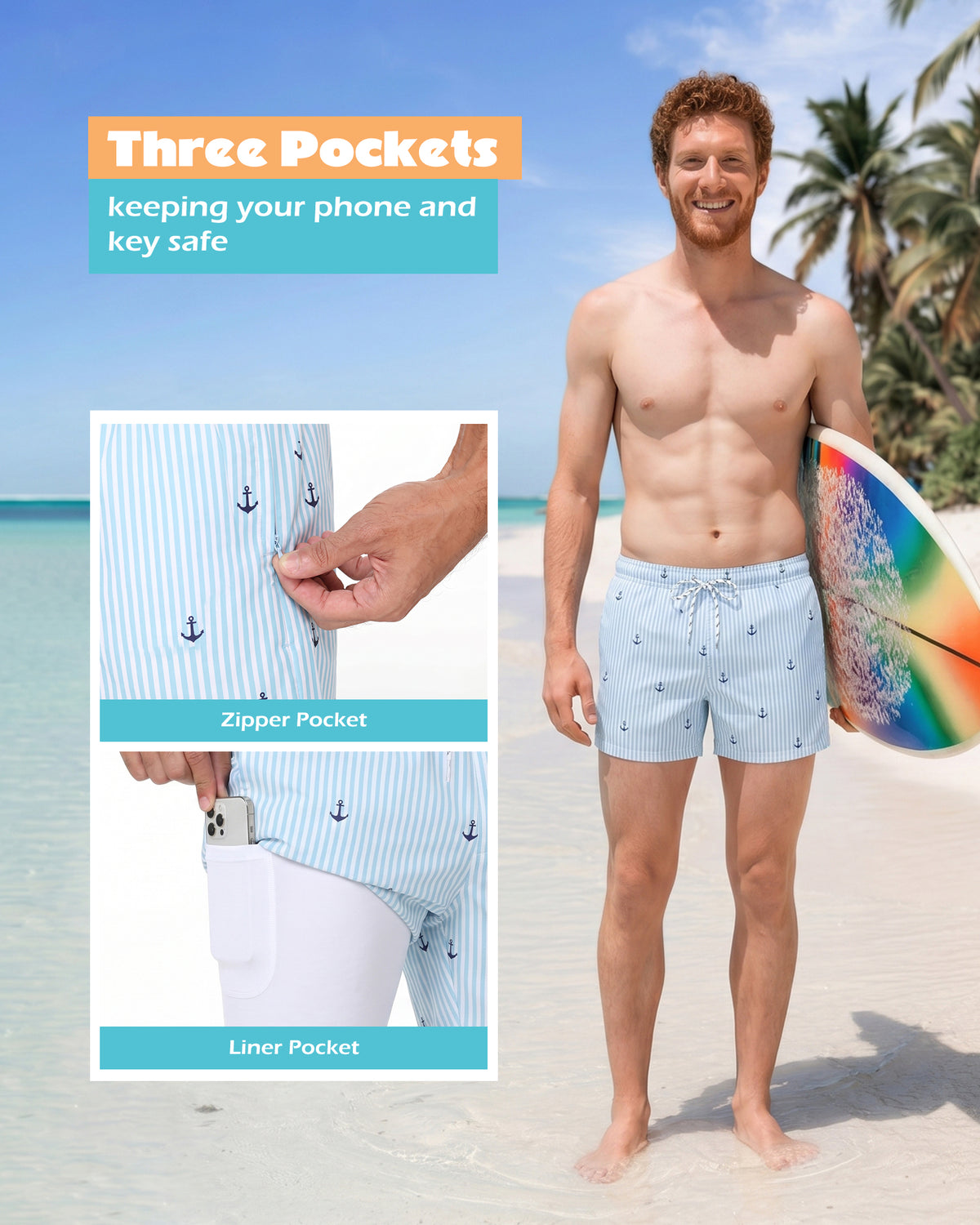Sixfish Men's Swim Trunks Quick Dry Bored Shorts with 4" Compression Liner