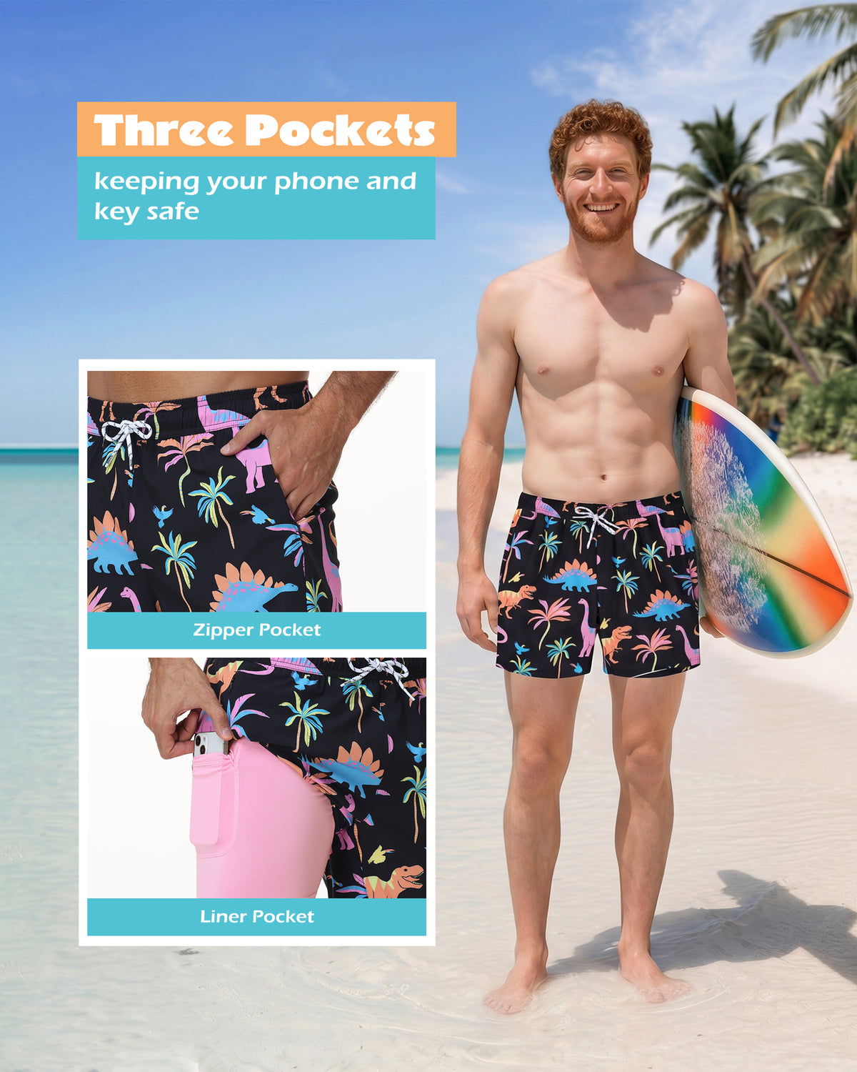 Sixfish Men's Swim Trunks Quick Dry Bored Shorts with 4" Compression Liner