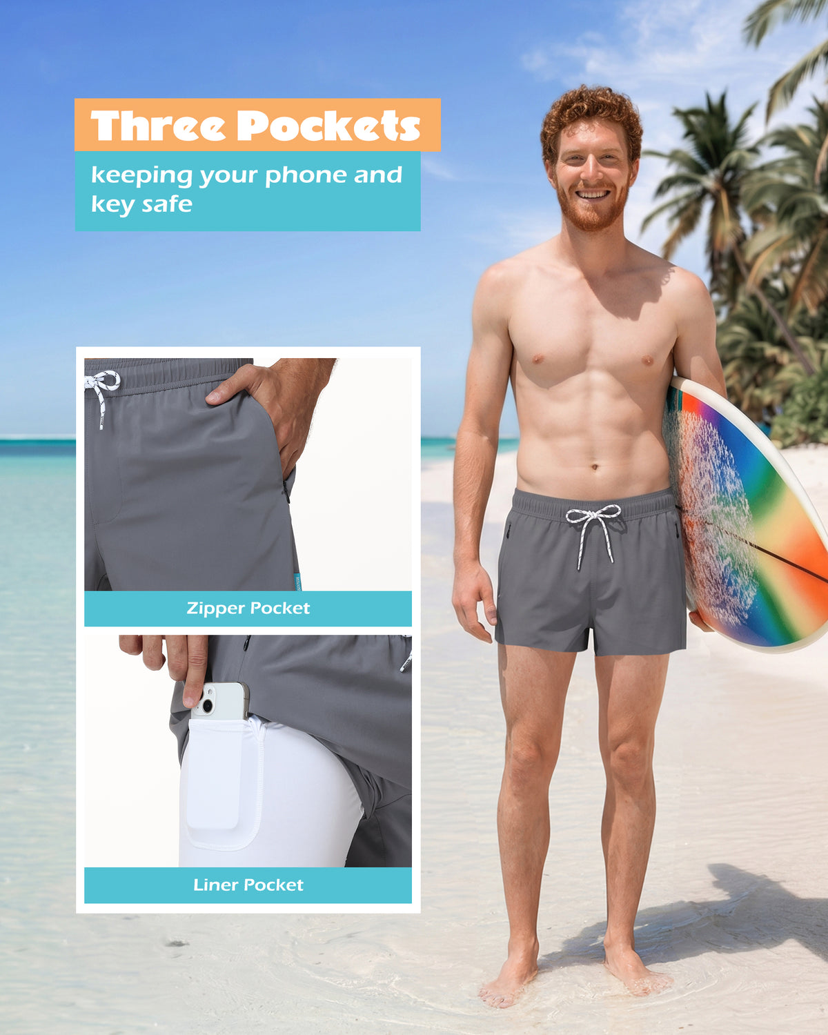 Sixfish Men's Swim Trunks Quick Dry Bored Shorts with 4" Compression Liner