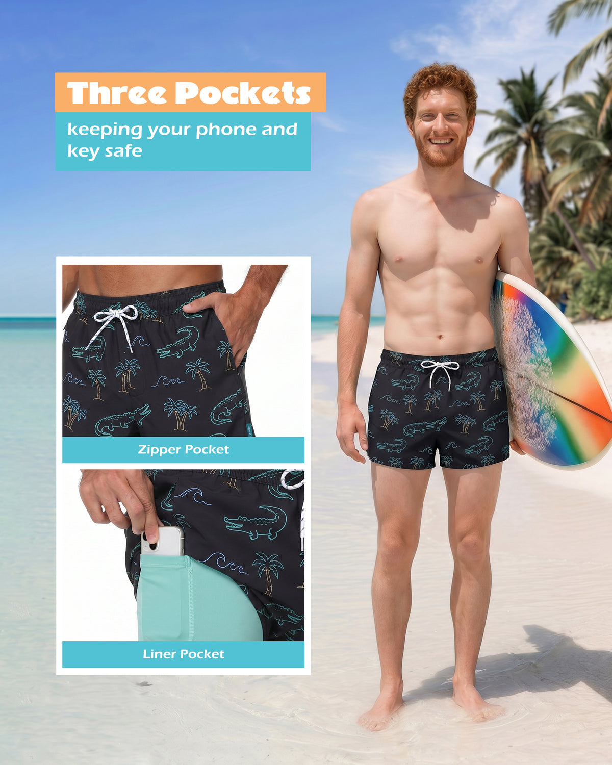 Sixfish Men's Swim Trunks Quick Dry Bored Shorts with 4" Compression Liner