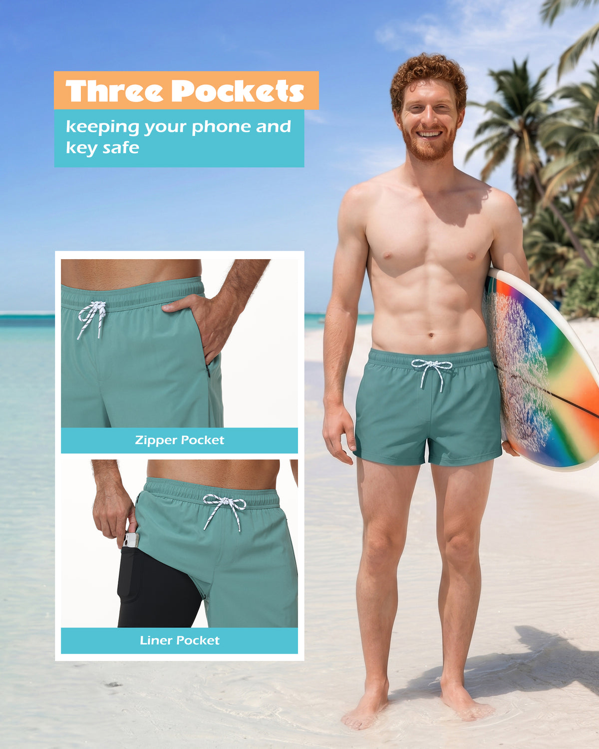 Sixfish Men's Swim Trunks Quick Dry Bored Shorts with 4" Compression Liner