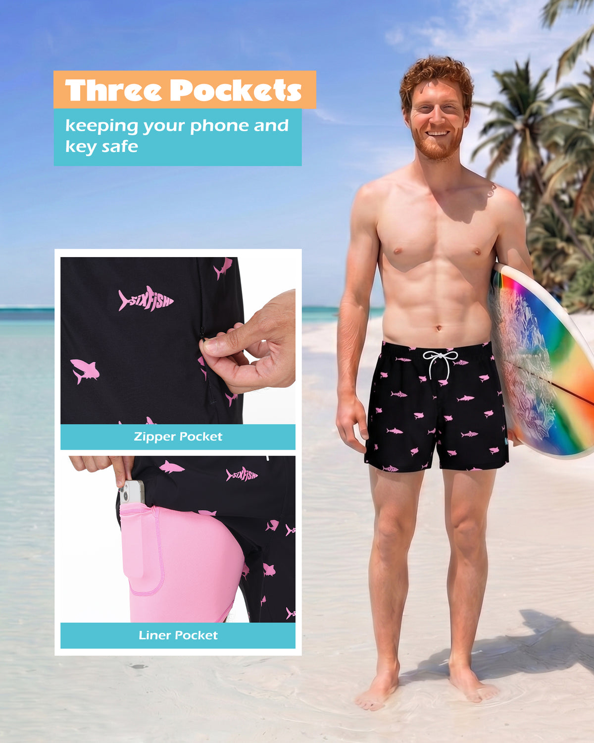 Sixfish Men's Swim Trunks Quick Dry Bored Shorts with 4" Compression Liner