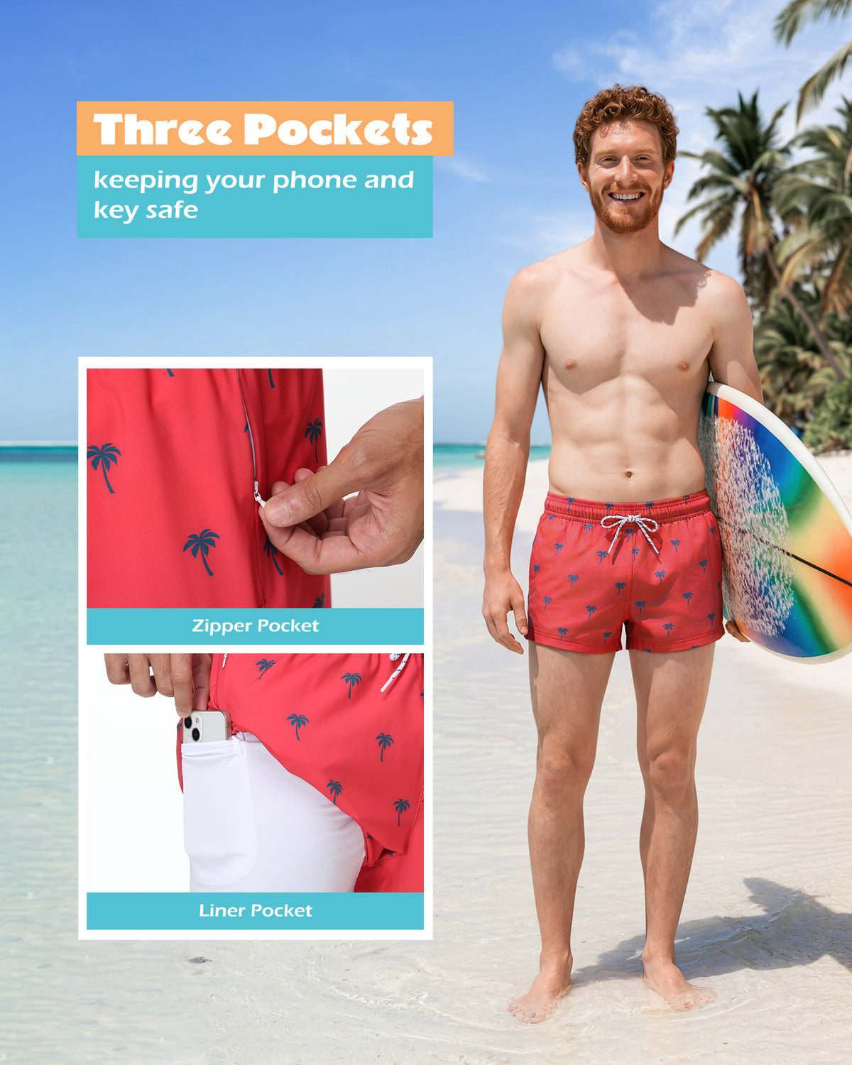 Sixfish Men's Swim Trunks Quick Dry Bored Shorts with 4" Compression Liner