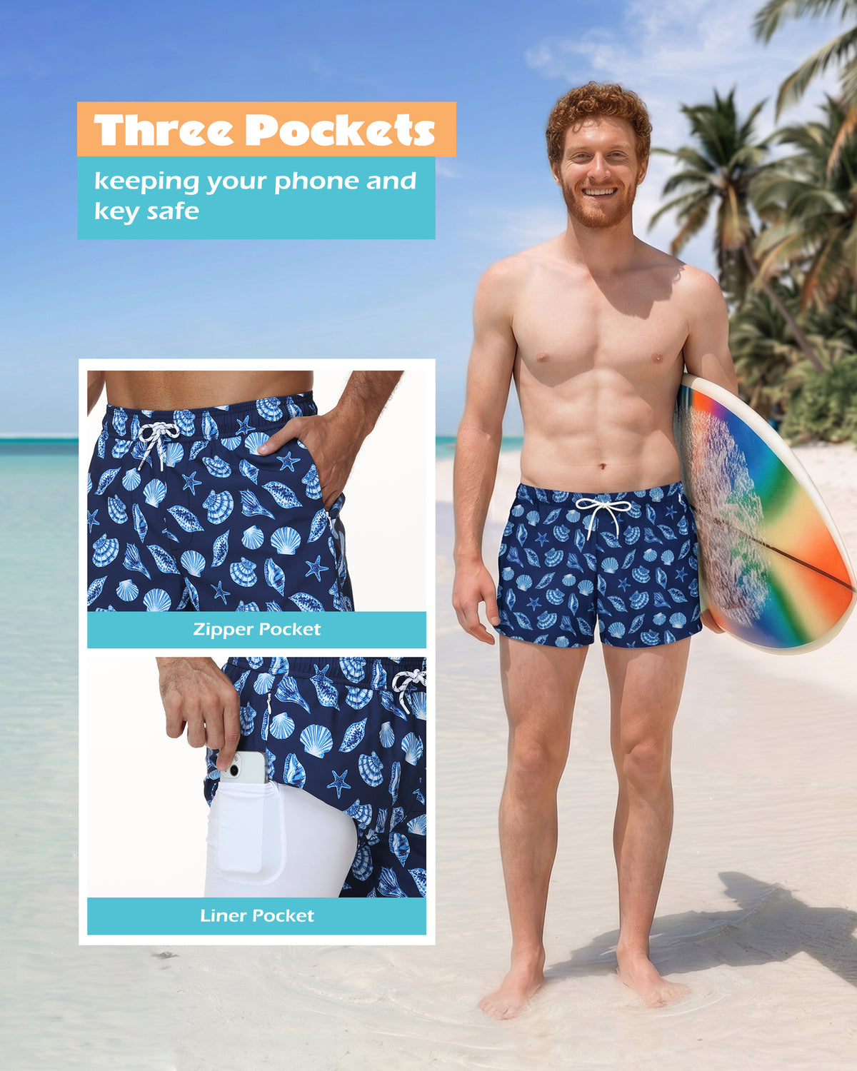 Sixfish Men's Swim Trunks Quick Dry Bored Shorts with 4" Compression Liner