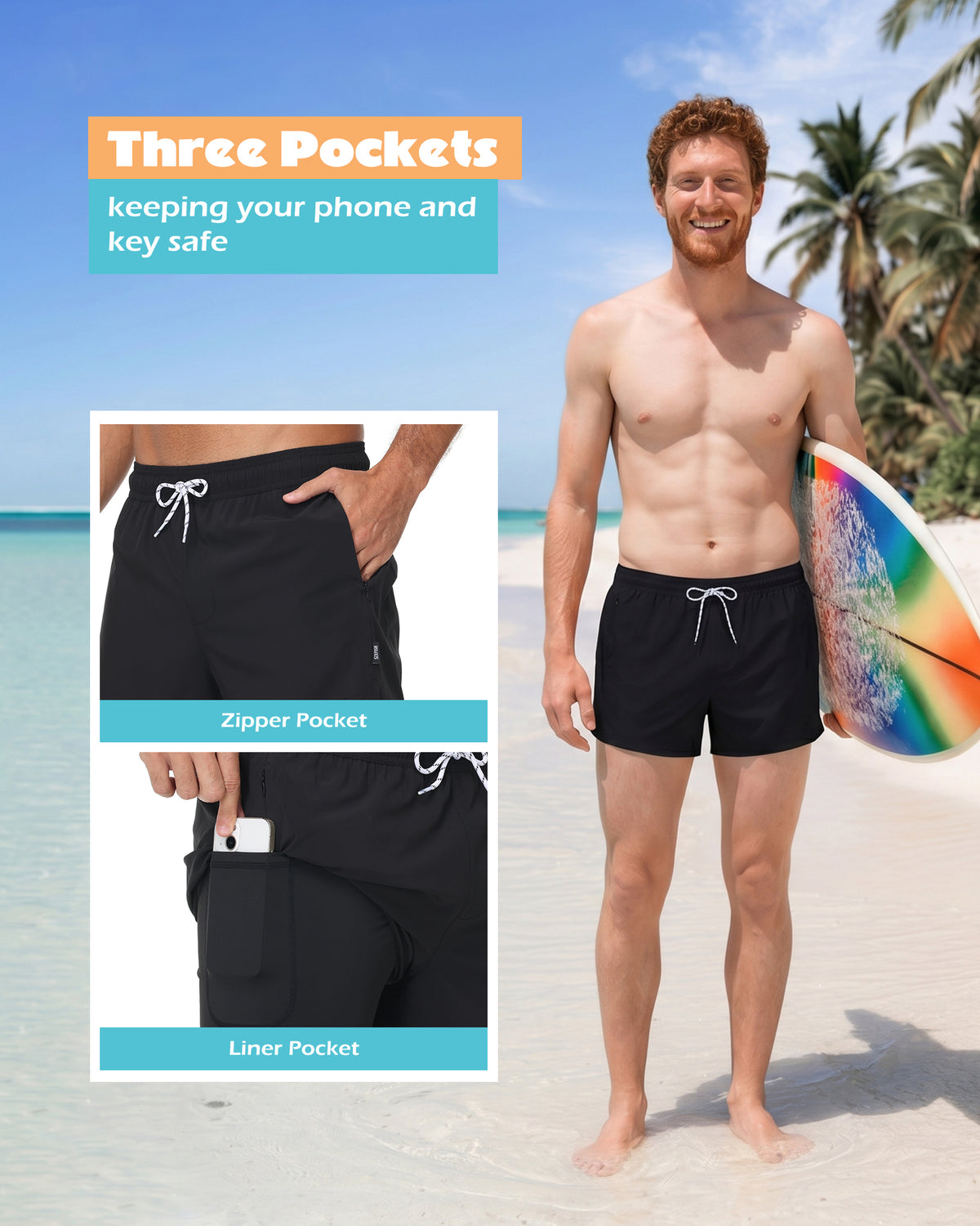 Sixfish Men's Swim Trunks Quick Dry Bored Shorts with 4" Compression Liner