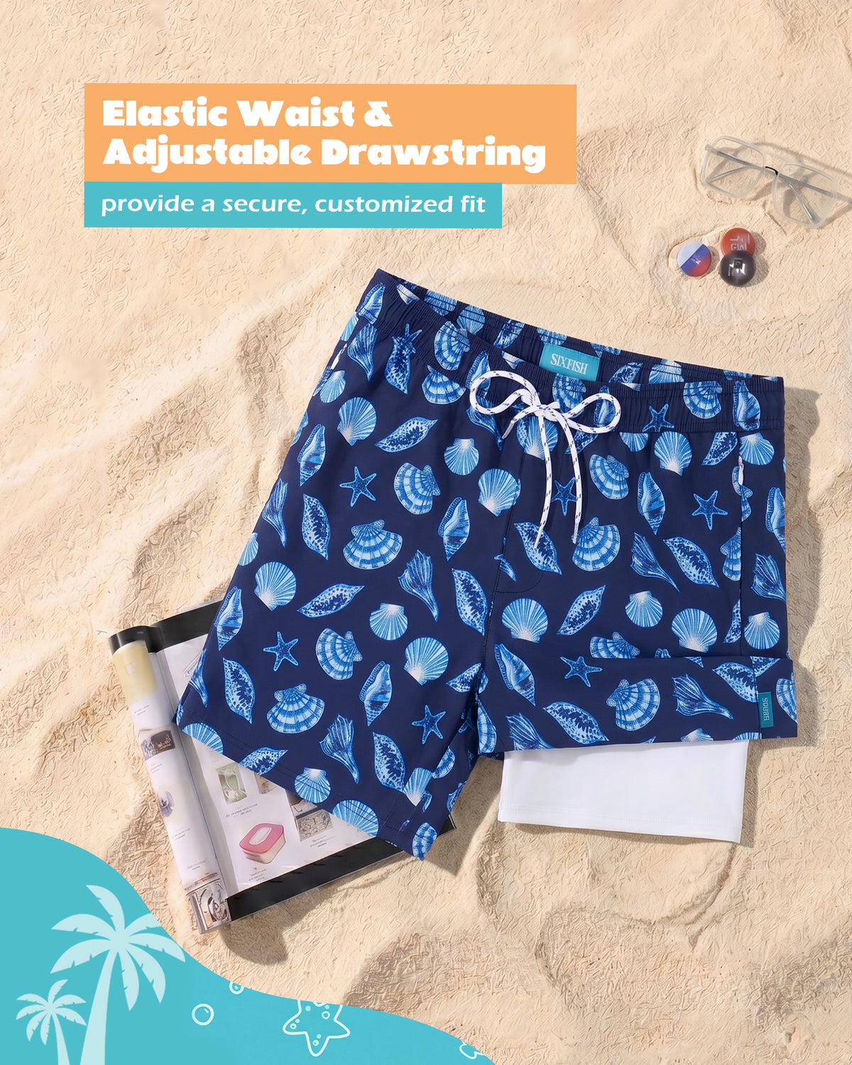 Sixfish Men's Swim Trunks Quick Dry Bored Shorts with 4" Compression Liner